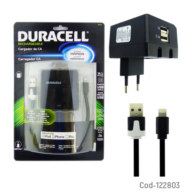 Kolm Cargador Duracell 220 Volt A Doble USB 3.1 Amper + Cable Iphone